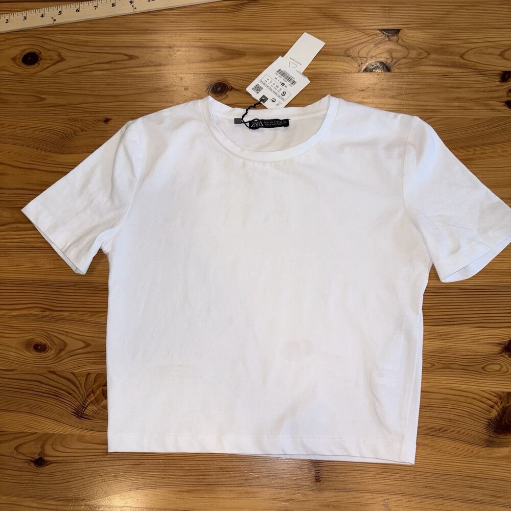 Zara Basic Womens White Short Sleeve Crew Neck Crop Top Tee Size Small - NWT